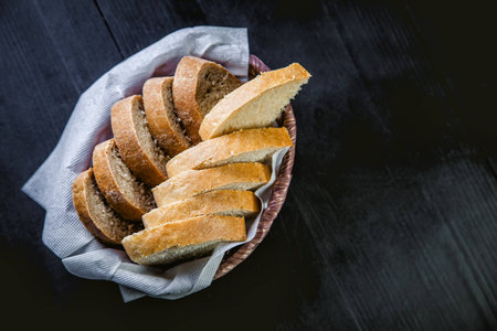 sliced bread in the basket, black and white breadの写真素材