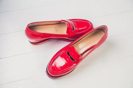 red shoes, stylish patent leather shoesの写真素材