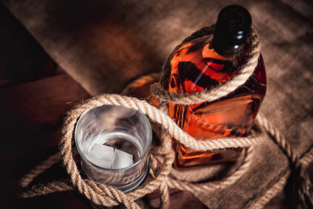 whiskey aged elite alcohol on wooden backgroundの写真素材