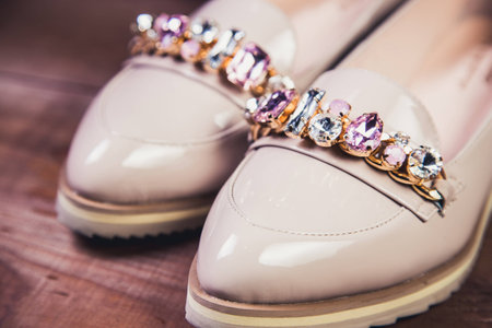 beige female shoes with rhinestones Italian shoes fashionの写真素材