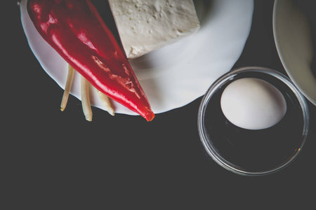 ingredients for cooking eggs, tasty dishの写真素材