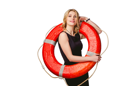 girl on a white background, online help, crisis, rescueの写真素材