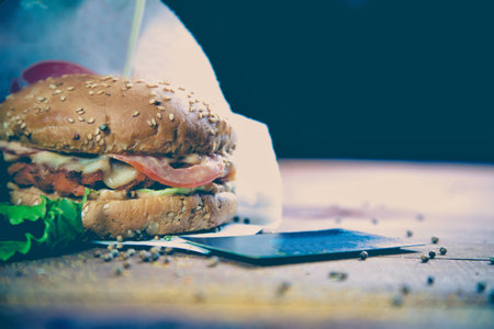 Delicious burger bun with white on the barの写真素材