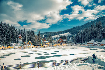 Mountain Lake in the ski resortの写真素材