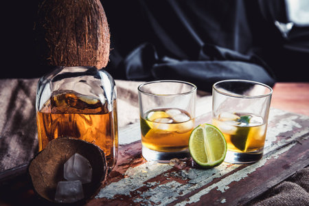 Rum with lime and ice in the hold of a pirate shipの写真素材