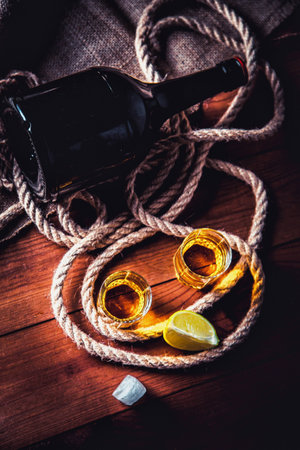 A bottle of whiskey, rum, brandy, lime on a wooden backgroundの写真素材