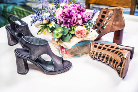 Stylish women's leather sandals shoes, Italian shoesの写真素材