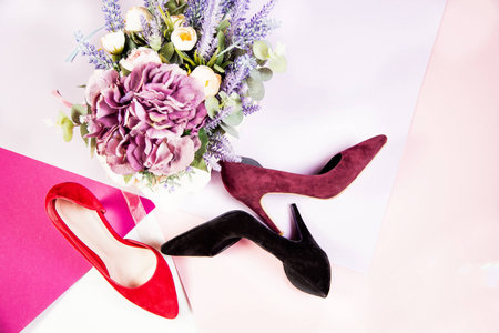 Suede shoes, red, black and burgundy shoesの写真素材