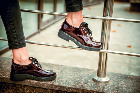 red patent shoes, female autumn lookの写真素材