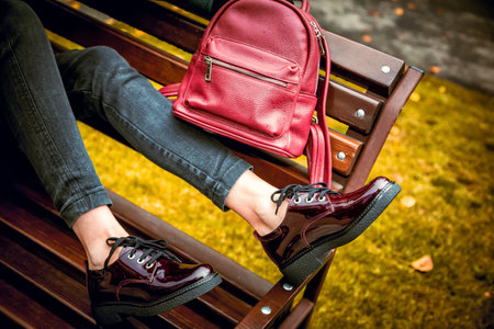 red patent shoes, female autumn lookの写真素材