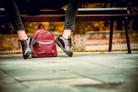 red patent shoes, female autumn lookの写真素材