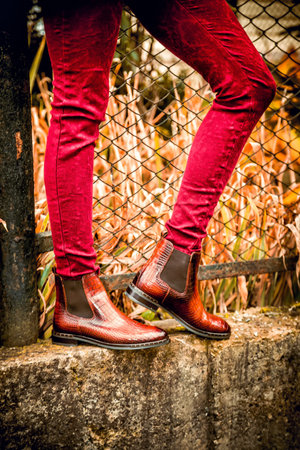 women's autumn look, brown crocodile leather boots women's shoesの写真素材