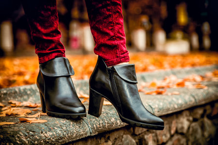 leather shoes red pants black backpack autumn female bowの写真素材
