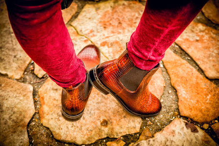 women's autumn look, brown crocodile leather boots women's shoesの写真素材
