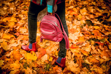 red leather boots, female autumn lookの写真素材