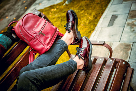 red patent shoes, female autumn lookの写真素材
