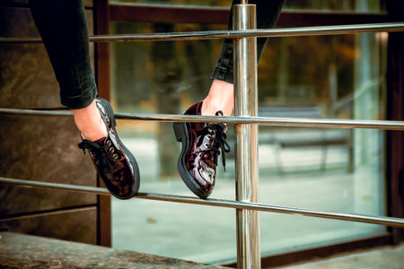 red patent shoes, female autumn lookの写真素材