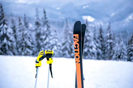 Skiing in the mountains on a sunny day. Ski resortのeditorial素材