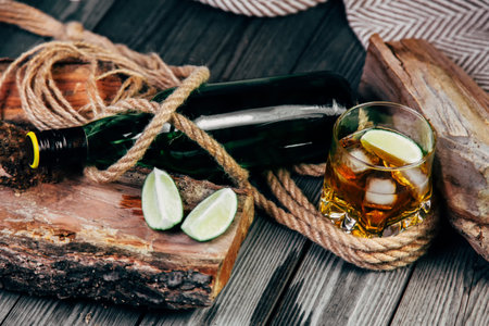 a stack of rum and tequila on a vintage background, piratesの写真素材