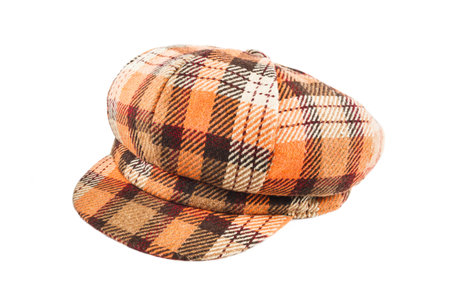 Woolen cap isolated on white background. Brown female accessory .