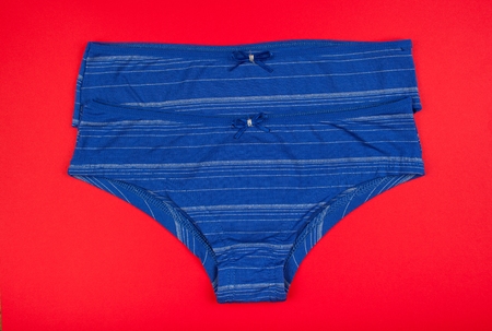 Women's cotton panties flowered isolated on red background. Blue underwear.の写真素材