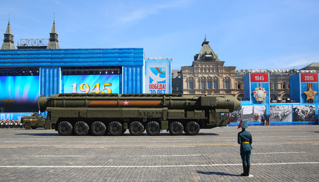 MOSCOW, RUSSIA - MAY 07, 2015: Rehearsal celebration of the 70th anniversary of the Victory Day.The "Topol-M" (SS-27 "Sickle B") intercontinental ballistic nuclear missile complex strategic purpose.のeditorial素材