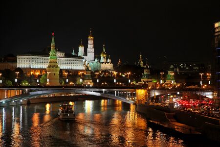 Moscow Kremlin at night. Popular tourist view of the main attraction of Moscow.の写真素材