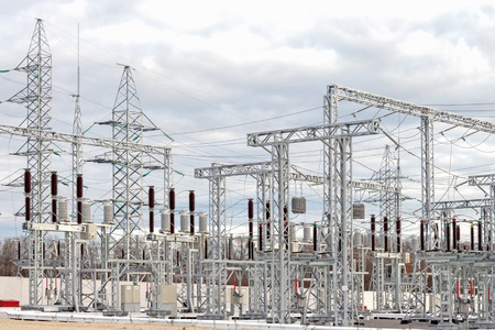 High voltage electric power substation in autumn dayの写真素材