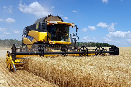 Kharkiv Region, Ukraine - July 11, 2017: Combine harvest wheat on a field in sunny summer day in Kharkiv Region, Ukraine on July 11, 2017.のeditorial素材