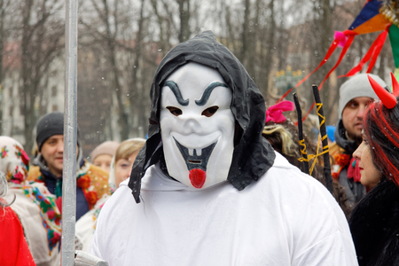 Kharkiv, Ukraine - January 13, 2018 - Participants traditional Christmas of Verteps Parade (nativity Scene), Christmas stars, carols singing. People wearing carnival clothes posing and smiling. Winter outdoor image.のeditorial素材