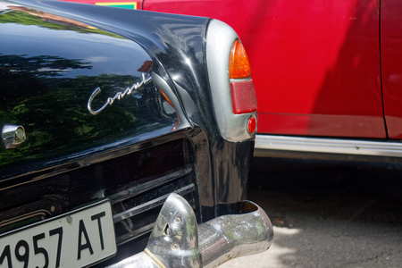 Kharkiv, Ukraine - May 28, 2017: Tail fin and rear lights of retro car black Ford Consul Mark II manufactured in 1957 is presented at the festival of vintage cars Kharkiv Retro Rally - 2017 in Kharkiv, Ukraine on May 28, 2017のeditorial素材