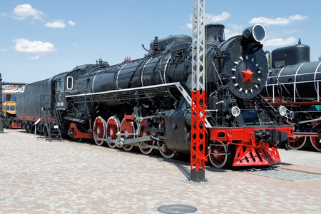 Kharkiv, Ukraine - June 5, 2017: Old black steam locomotive in the Kharkiv Railway Museum. Ukraine, Kharkivのeditorial素材