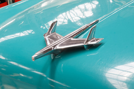 Kharkiv, Ukraine - May 19, 2018: Close up of the hood ornament of retro car Chevrolet Bel Air manufactured in 1955 is presented at the festival of vintage cars Kharkiv Retro Rally - 2018 in Kharkiv, Ukraine on May 19, 2018のeditorial素材