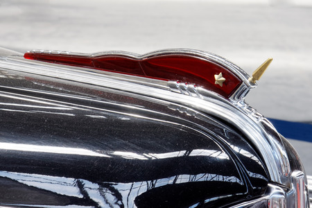 Kharkiv, Ukraine - May 19, 2018: Close up of the hood ornament of retro car black ZIS-110 manufactured in 1945 is presented at the festival of vintage cars Kharkiv Retro Rally - 2018 in Kharkiv, Ukraine on May 19, 2018のeditorial素材