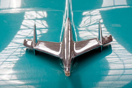 Kharkiv, Ukraine - May 19, 2018: Close up of the hood ornament of retro car Chevrolet Bel Air manufactured in 1955 is presented at the festival of vintage cars Kharkiv Retro Rally - 2018 in Kharkiv, Ukraine on May 19, 2018のeditorial素材