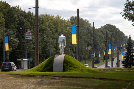 Kharkiv, Ukraine - August 21, 2012: Monument to a "white bicyclist" by Alexander Ridnyi, installed in 2012 near the Belgorod highway, where many bike rider were died in a fatal road accidents.のeditorial素材