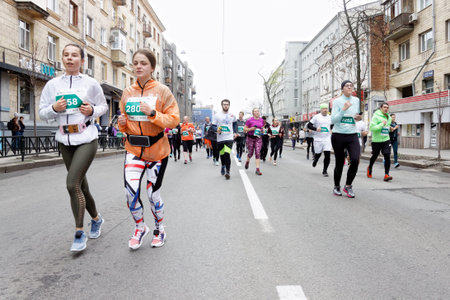 Kharkiv, Ukraine - April 14: Kharkiv International Marathon. Runners on the city streets on April...