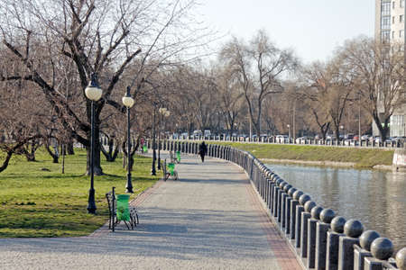 Ukraine, Kharkiv - March 26, 2020: Netechenskaya Embankment along the Khark?v River in the center of Khark?v, Ukraineのeditorial素材