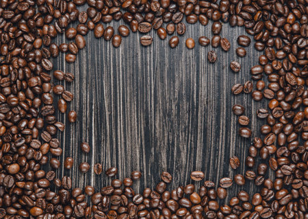 Copy space frame of coffee beans on dark backgroundの写真素材