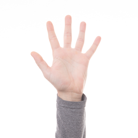Hand count sign five finger isolated on white backgroundの写真素材