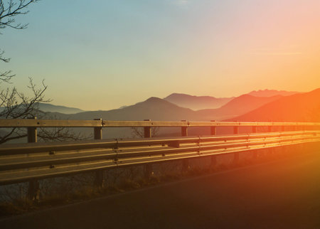 Great sunset on mountains with fog. Beautiful backgroundの写真素材