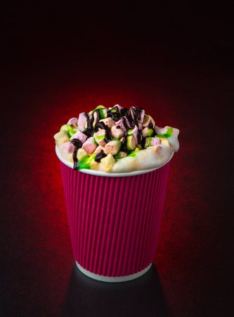 white cup and saucer with hot coffee, on red backgroundの写真素材