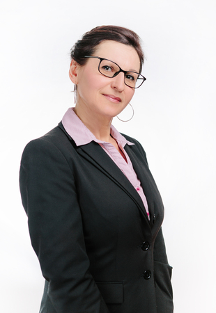 Cute business woman in black jacket on white backgroundの写真素材