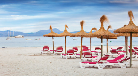 the beach with sunbeds and parasols of strawの写真素材