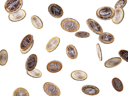 One euro coins falling on white background.の写真素材