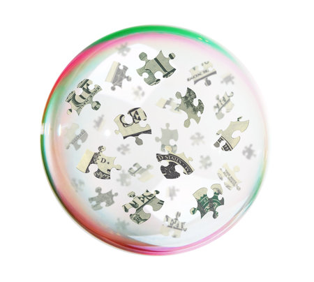 Puzzles of the dollar into big soap bubble, white background