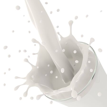 Pouring milk in a glass created splash, isolated on white.の写真素材