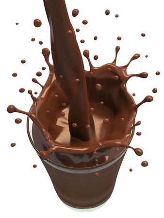 Pouring chocolate in a glass created splash, isolated on white.の写真素材