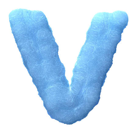 Letter V, made of blue ice isolated on white background.の写真素材