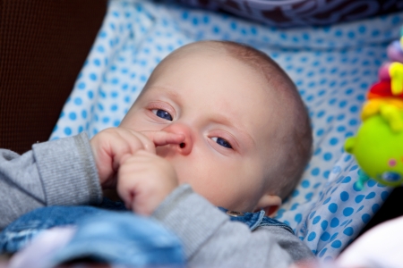 Portrait of 5 months old baby boy old lying on the stroller の写真素材